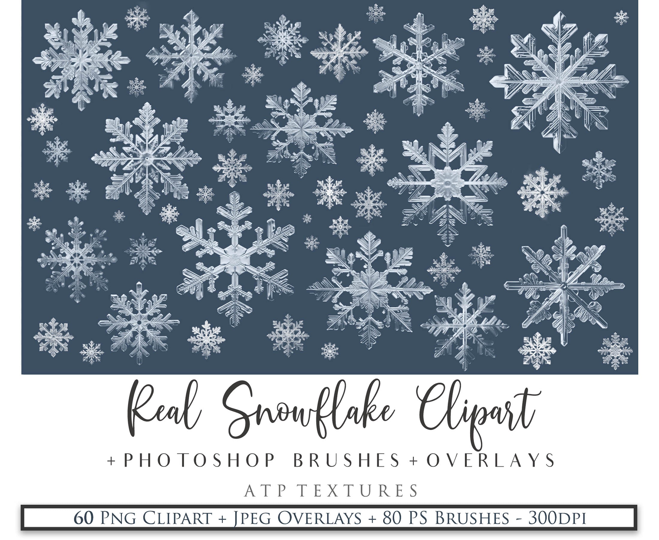 Real Snowflake Overlays & Brushes! A gorgeous addition to your beautiful photography, scrapbooking or digital art work! This set includes 60 Png Overlays 60 Jpeg Overlays 80 Photoshop brushes Instructions are included. All PNG overlays are 300dpi in high resolution.